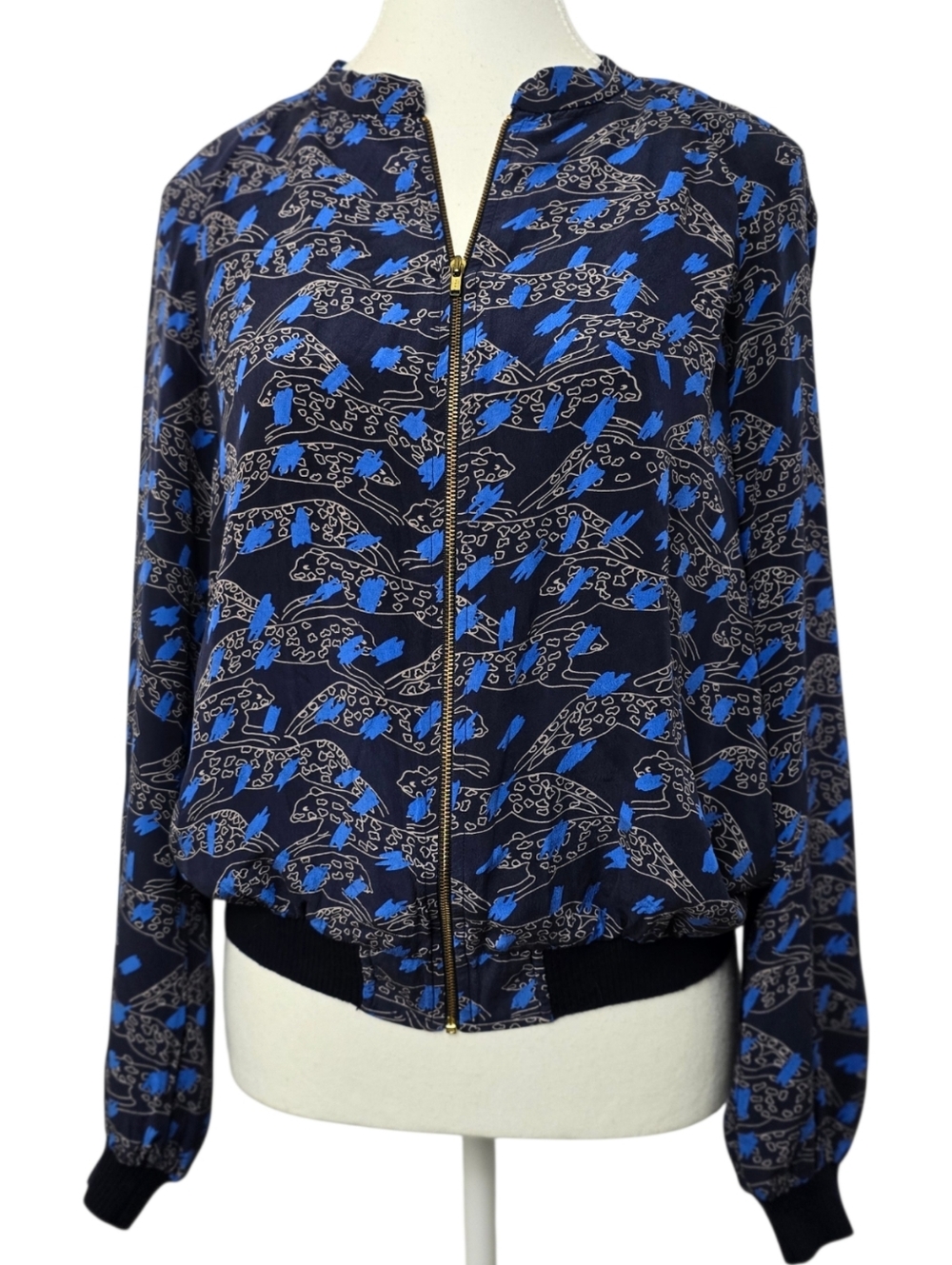 French Connection Navy Blue Silk Bomber Jacket Zip-Up Lightweight Womens Size 6